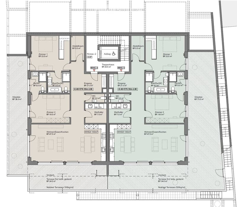 Floor plan of a multi-unit building with two apartments, each featuring living/dining/kitchen areas, bedrooms, bathrooms, and storage rooms. Includes a shared staircase and elevator access.