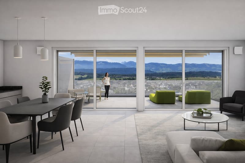 Modern living and dining area with large windows offering a scenic mountain view, featuring a sofa, coffee table, dining table, chairs, pendant lights, and a plant.