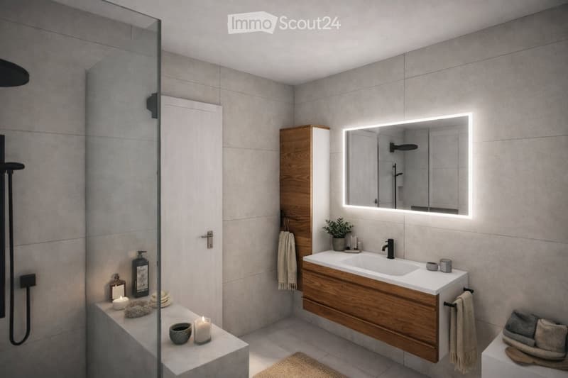 Modern bathroom with a wooden vanity, large mirror with LED lighting, shower area, and decorative items including candles and a plant.