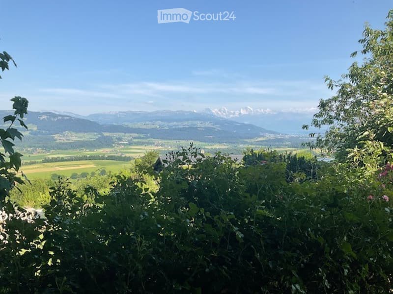Panoramic view of a valley with mountains in the background, surrounded by lush greenery and fields.