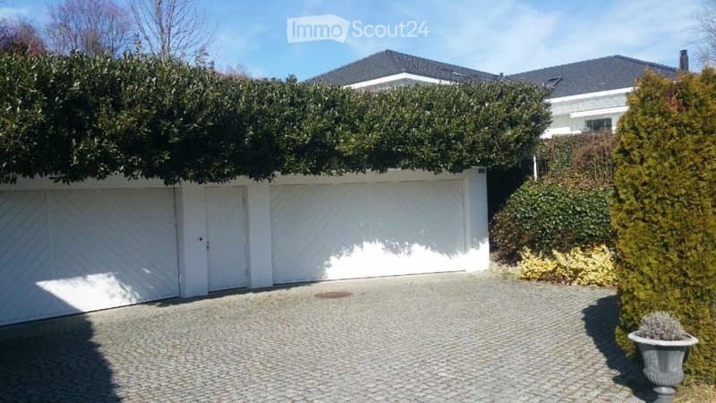 Modern two-story house with a large garage, surrounded by well-maintained greenery and a neatly paved driveway.
