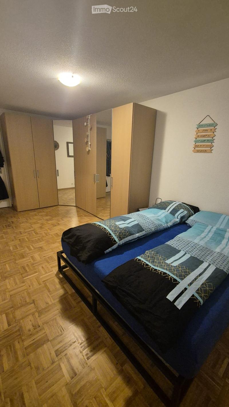 Bedroom with a single bed, blue and black bedding, a large wardrobe with mirrored doors, and a wooden floor.