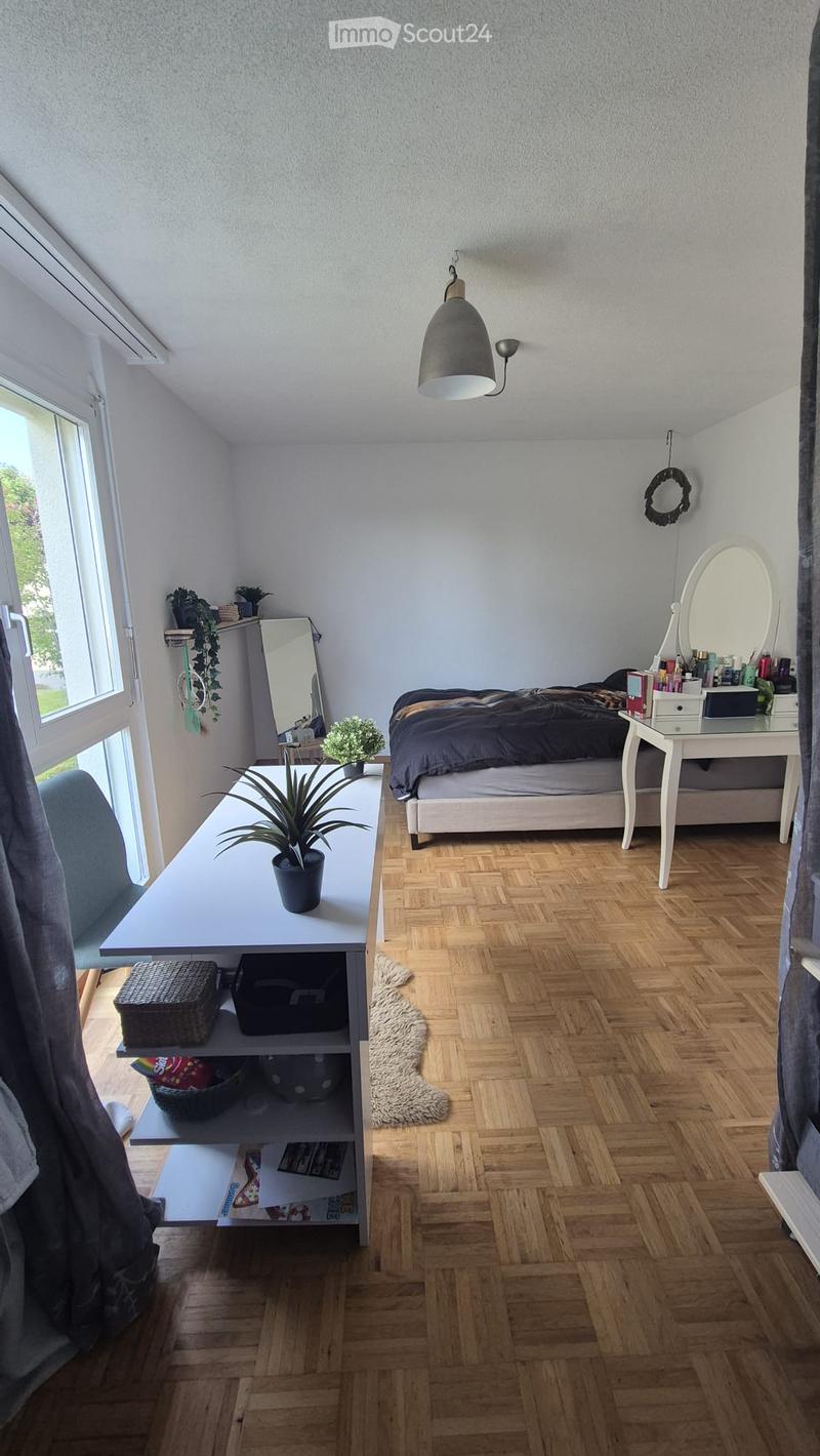 Cozy bedroom with wooden herringbone flooring, a bed with dark bedding, a white vanity table with a mirror, a small table with a potted plant, and a shelf with baskets and storage boxes.