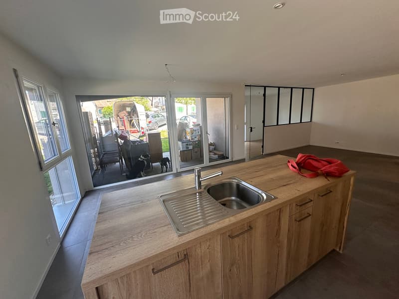 Modern kitchen with wooden cabinets, stainless steel sink, and a red cloth on the counter. Large windows and sliding doors lead to an outdoor area.