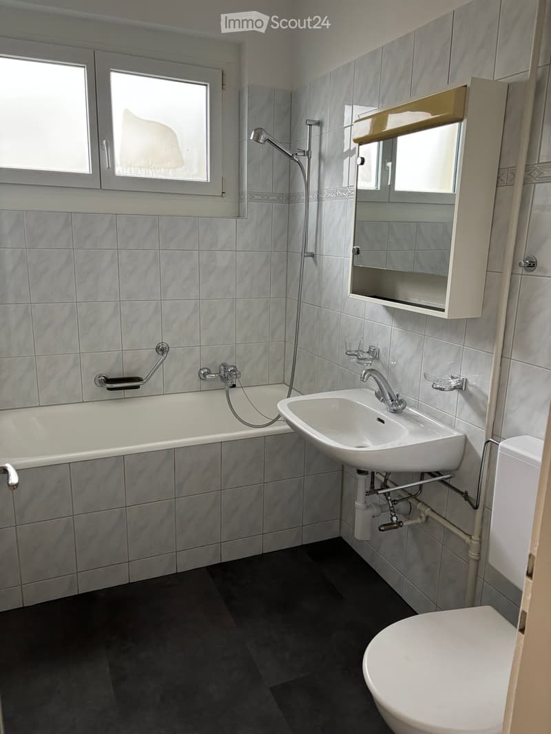 Modern bathroom with a bathtub, sink, toilet, mirror, and handrail. The walls are tiled in light grey, and the floor is dark grey.