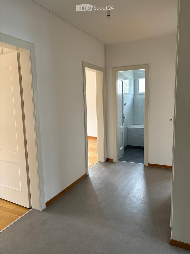 Empty hallway with grey carpeted floor, white walls, and several doors leading to other rooms, including a bathroom with tiled walls and a bathtub visible through an open door.