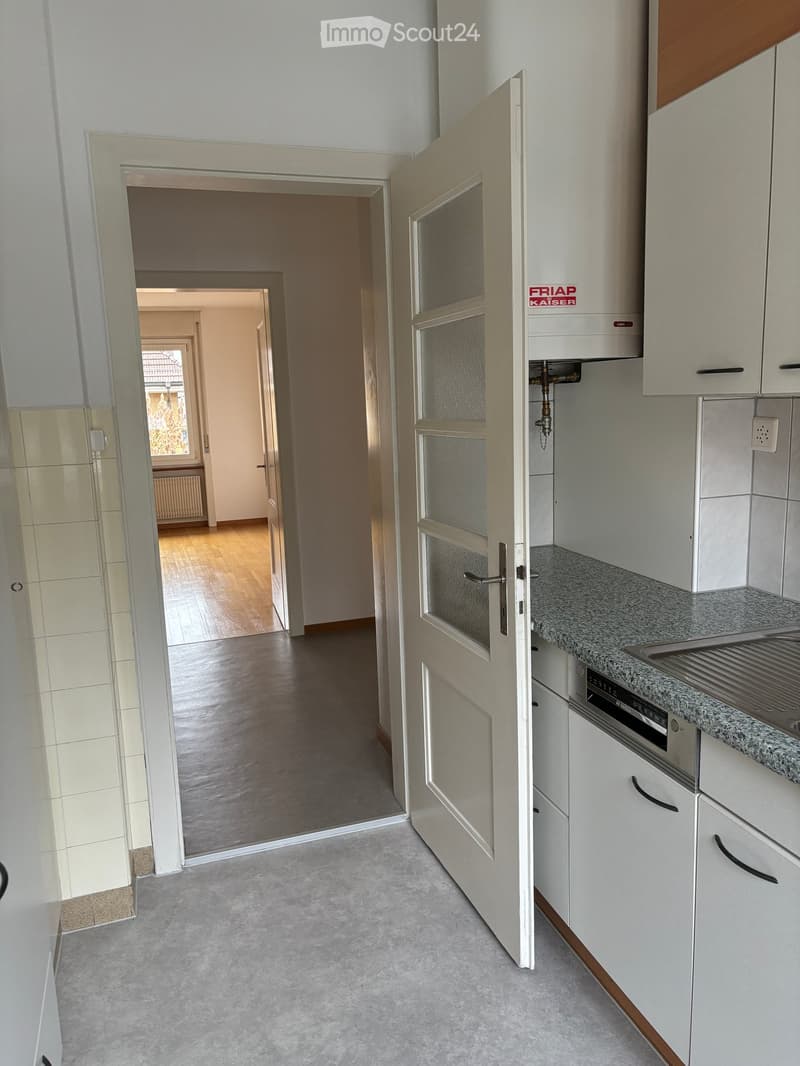 A modern hallway with grey carpeted flooring, white walls, and a partially open door leading to a kitchen area with white cabinets and a granite countertop.