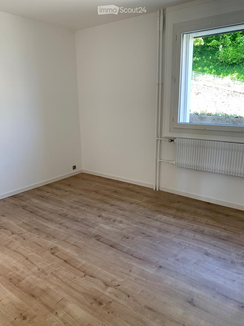 Empty room with light wooden flooring and white walls, featuring a large window with a view of greenery and a radiator below it.