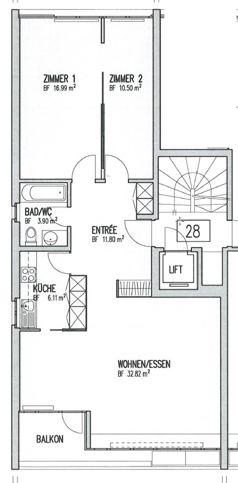 2 bedrooms, bathroom, kitchen, living room, entrance, balcony