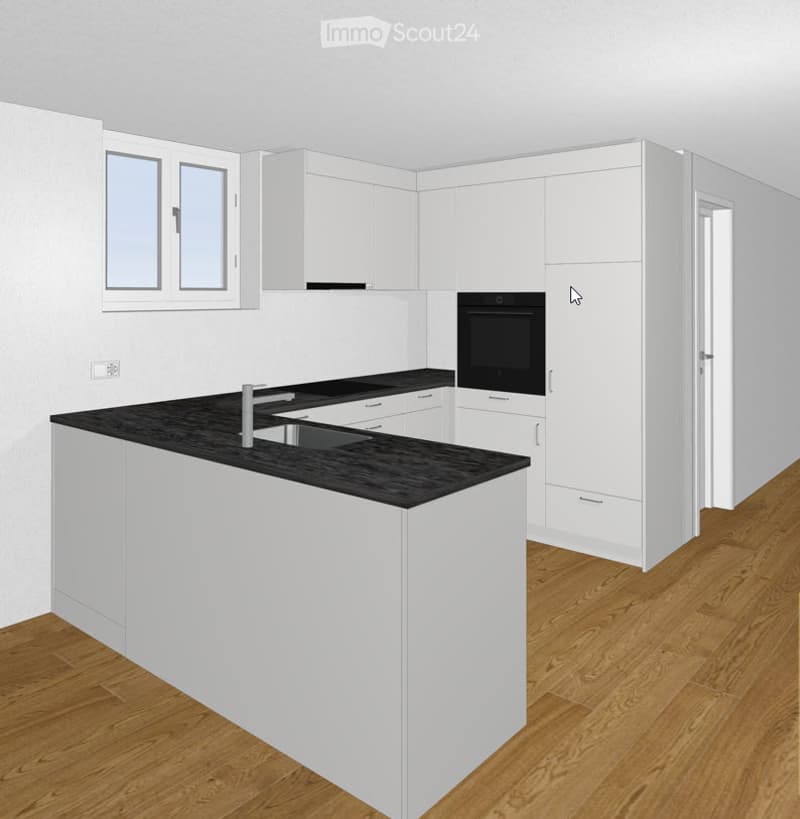 kitchen with island, white cabinets, black countertops, sink, oven, window