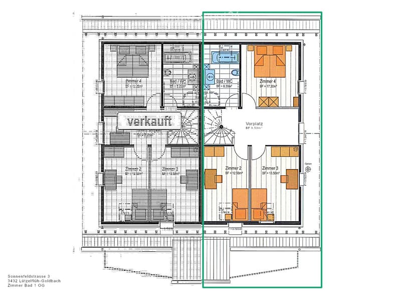 Floor plan of a multi-room apartment with labeled rooms including a bathroom, four bedrooms, a hallway, and an entrance area.