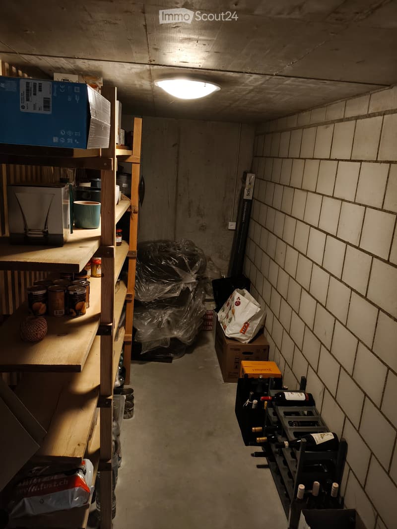 Narrow hallway with wooden shelves on one side holding various items, including cans, jars, and a mug. A wine rack is visible on the right side, and a plastic-wrapped object is on the floor.