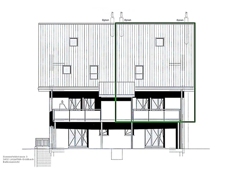 Floor plan of a multi-story building with balconies, windows, and optional features marked.