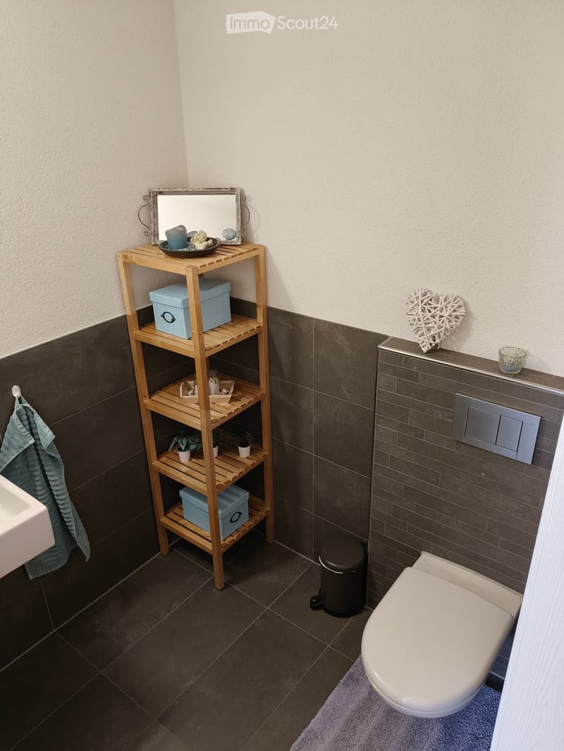 Modern bathroom with dark tiled walls and floor, a white toilet, a wooden shelf with storage boxes and plants, a mirror, a towel, and decorative items on the counter.