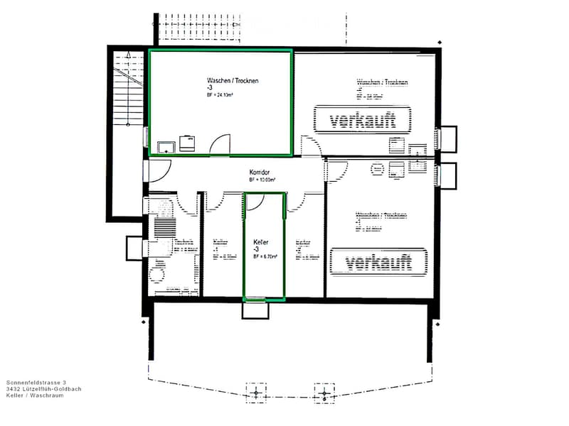 Floor plan showing a basement level with labeled rooms including a wash/dry area, corridor, cellar, and storage areas.
