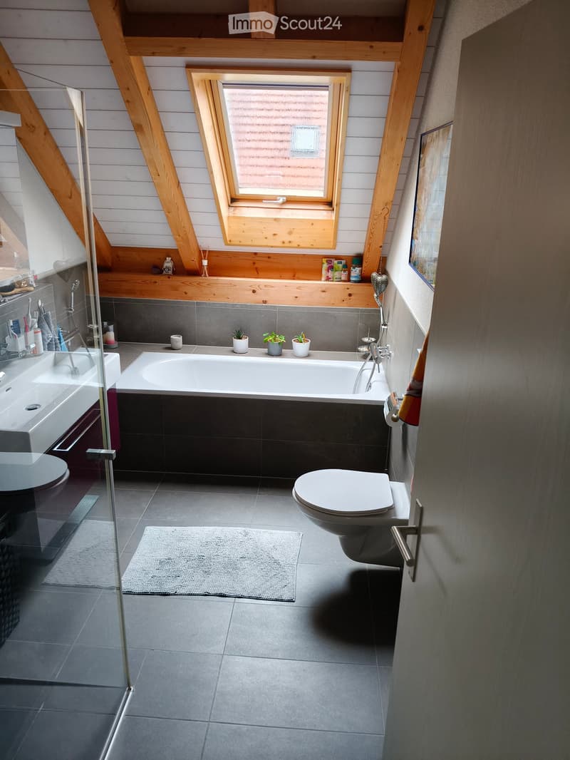 Modern bathroom with a bathtub, toilet, sink, and shower area. Features wooden beams, a skylight window, and small potted plants on the windowsill.