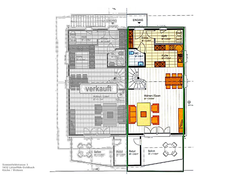 Floor plan showing a multi-room layout including entrance, kitchen, living/dining area, bedroom, bathroom, and balcony.