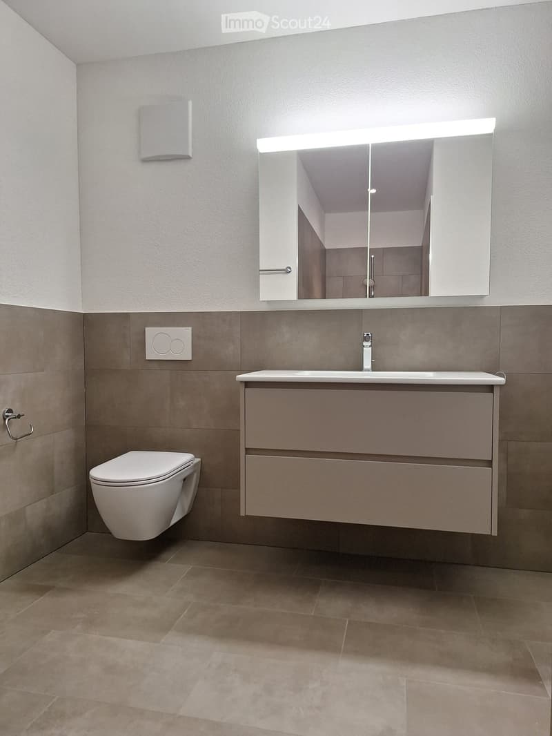 modern bathroom with white ceramic tiles, modern vanity, modern toilet, wall mounted mirror with lighting