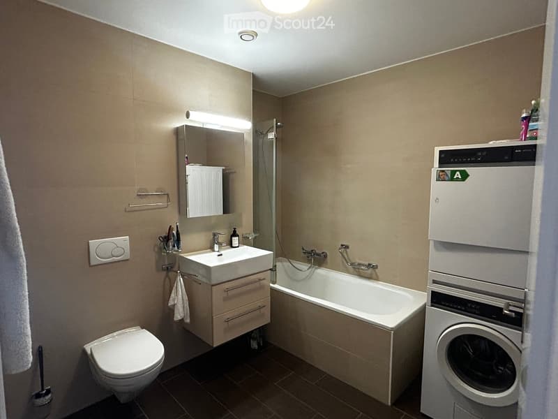 Modern bathroom with a sink, toilet, bathtub, mirror, and a washing machine. Features include a towel rack, a shower, and a light fixture above the mirror.