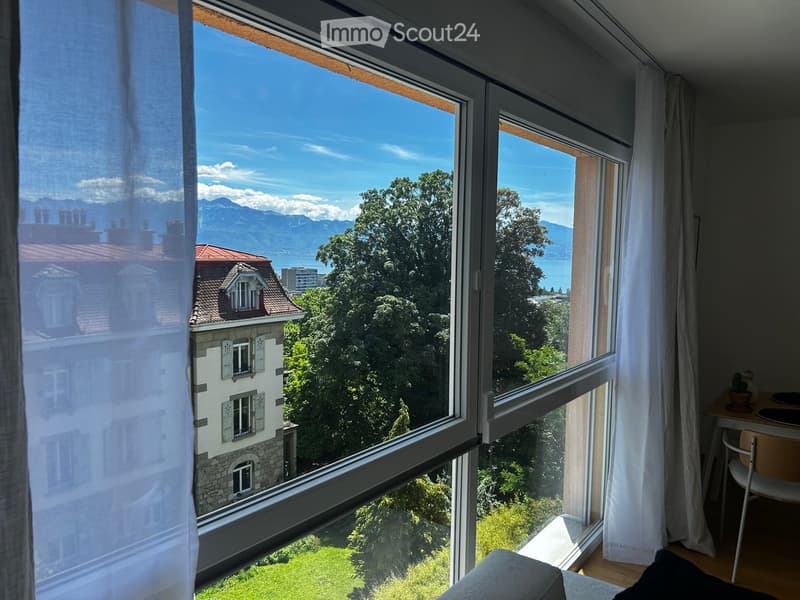 Bright room with large windows offering a scenic mountain and lake view, furnished with a sofa, chair, and small table.