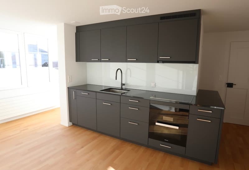 Modern kitchen with dark grey cabinets, a stainless steel sink, and a built-in oven. The space features light wooden flooring and large windows allowing natural light to fill the room.