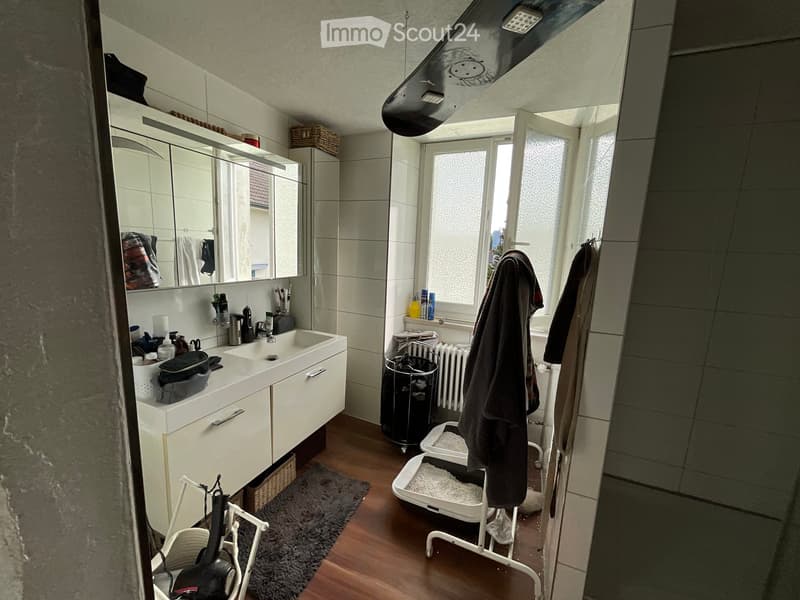 Bathroom with white tiled walls, a double sink vanity, a large mirror, a radiator, a cat litter box, and a cat carrier. Towels and cleaning supplies are visible on the sink and around the room.