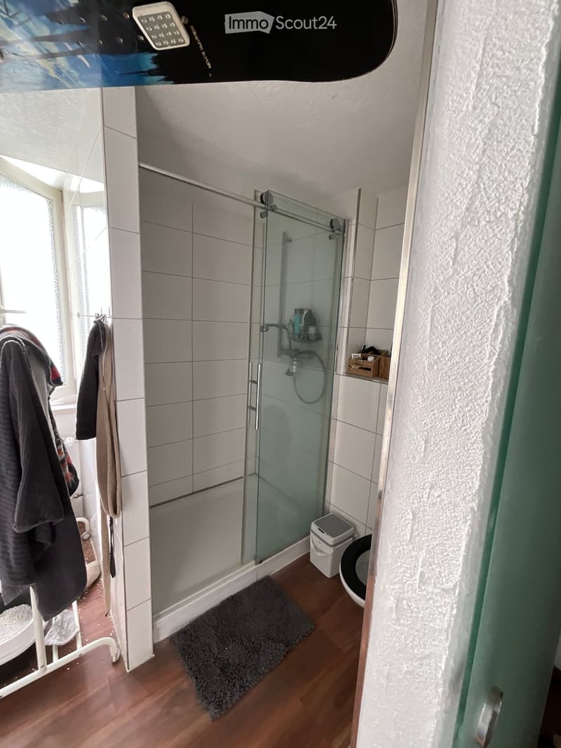 Modern bathroom with a glass-enclosed shower, toilet, towel rack, and a small shelf holding toiletries.