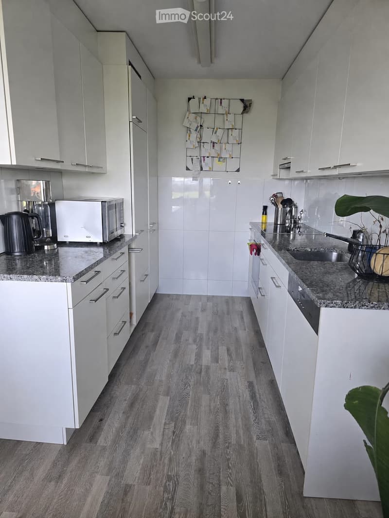 Modern kitchen with white cabinets, granite countertops, and wooden flooring. Includes microwave, coffee maker, kettle, sink, and a small plant on the counter.