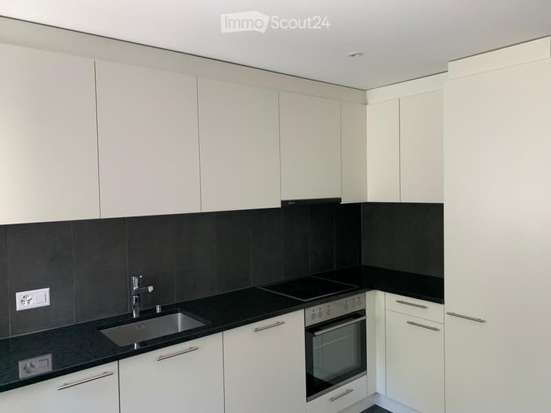 Modern kitchen with white cabinets, black countertops, stainless steel sink, and built-in oven.