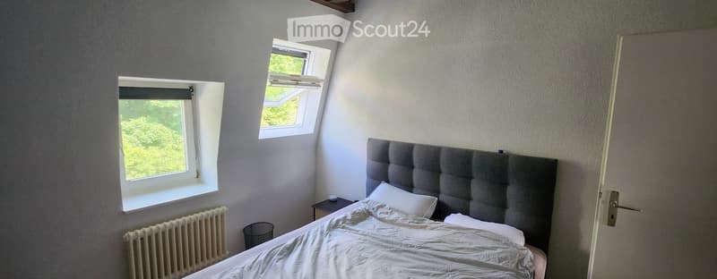 Cozy bedroom with a tufted headboard, white bedding, and two windows offering natural light. Includes a nightstand and radiator.