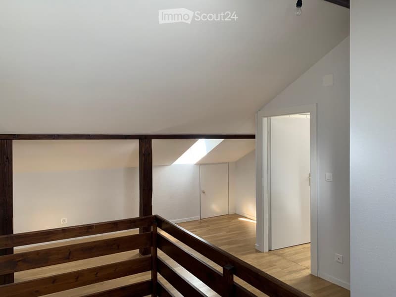 Bright, empty hallway with wooden flooring, white walls, and a skylight above. Features a wooden railing and two doors leading to other rooms.