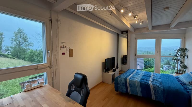Bright bedroom with wooden flooring, large windows offering scenic views, a bed with blue bedding, a chair, a small table, and a screen on a stand.