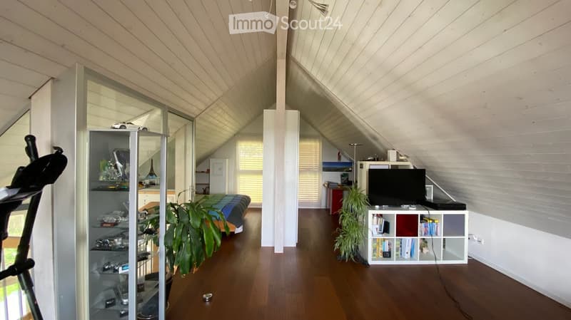 A spacious, well-lit attic room with wooden floors and slanted ceilings. Features include a bed, a small table and chair, a potted plant, a shelf with books and decorative items, a television on a stand, and an exercise bike near the window.