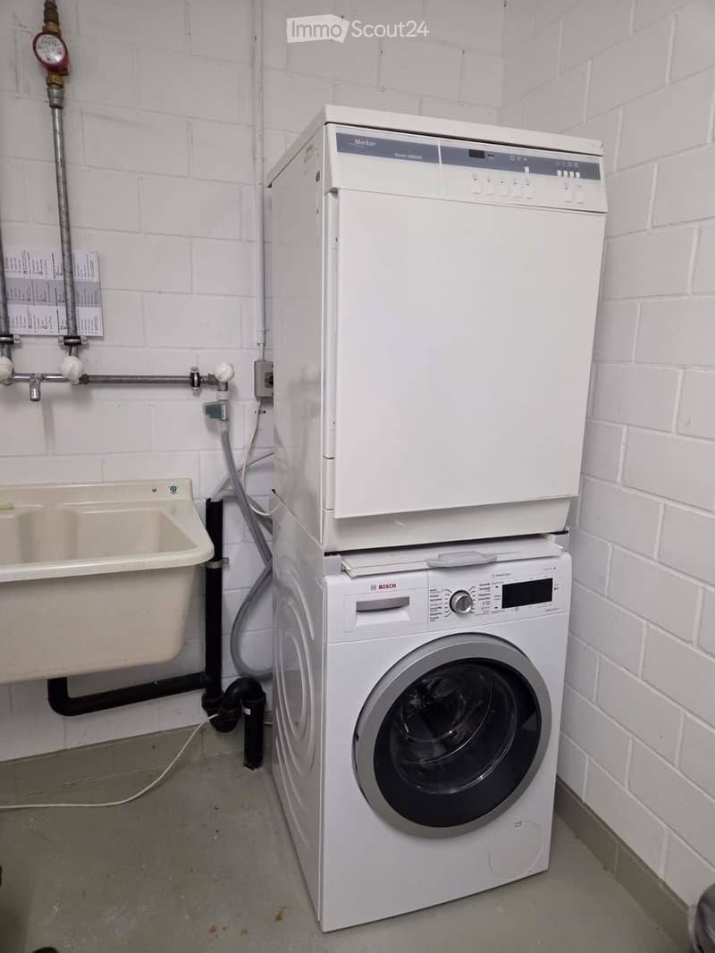 A small utility room with a white Bosch washing machine, a white Merker dishwasher, and a beige sink against a white brick wall.