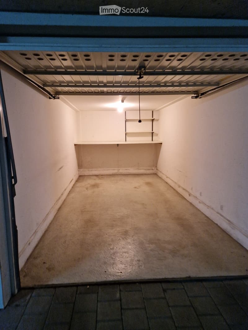 Empty garage with concrete floor, white walls, and a single shelf unit against the back wall.
