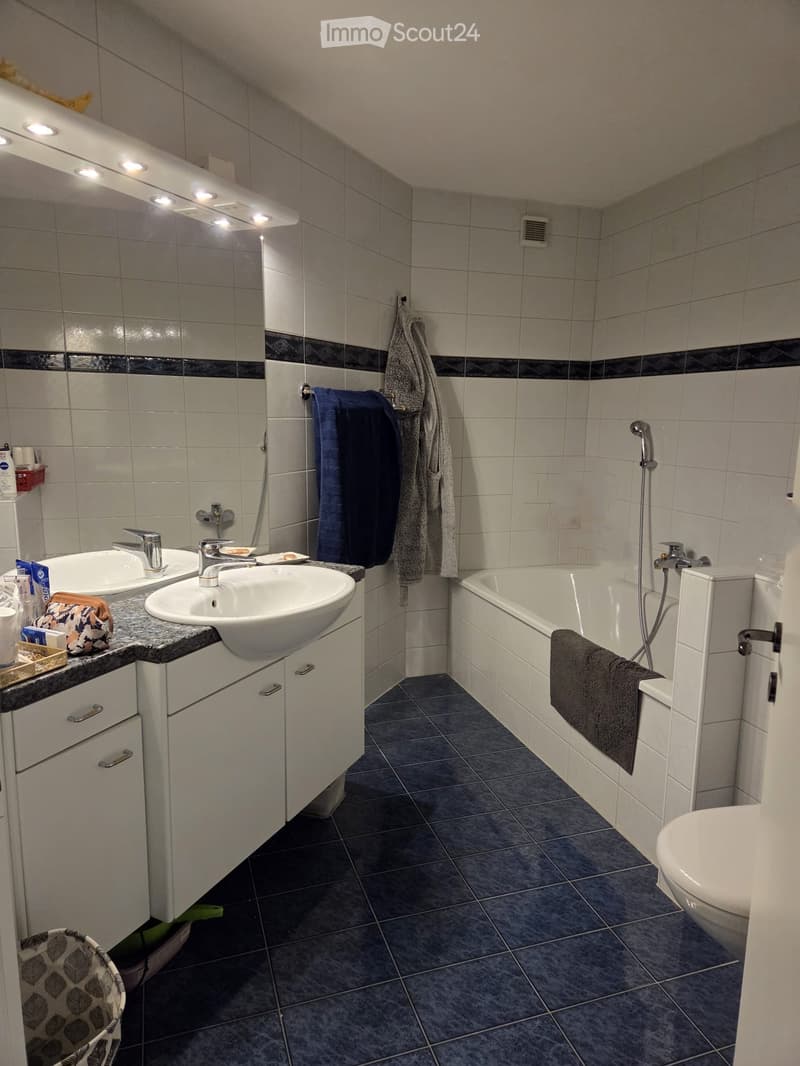 Modern bathroom with double sink, bathtub, toilet, and towels. Features white cabinets, tiled walls, and a dark tiled floor.