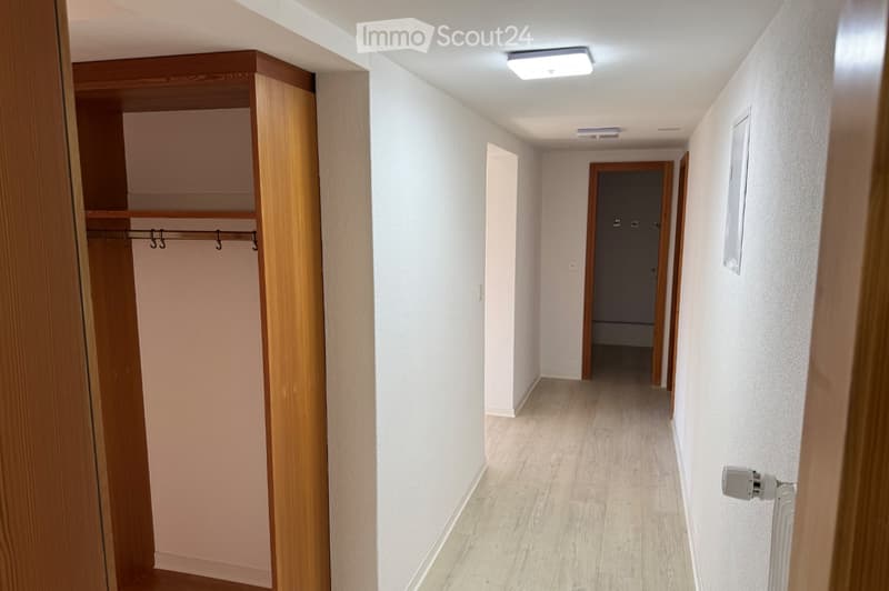 A narrow hallway with light-colored walls, wooden flooring, and a built-in wooden closet on the left side. The hallway features recessed ceiling lights and a closed door at the end.