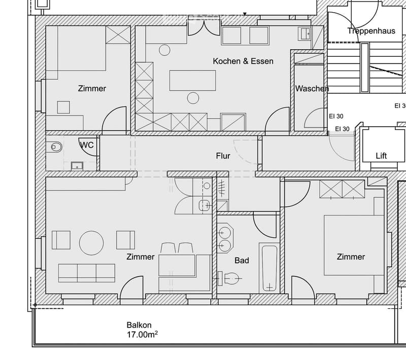 Floor plan showing a multi-room layout including a kitchen & dining area, living room, three bedrooms, bathroom, WC, laundry, staircase, and elevator. Includes a balcony of 17.00m².