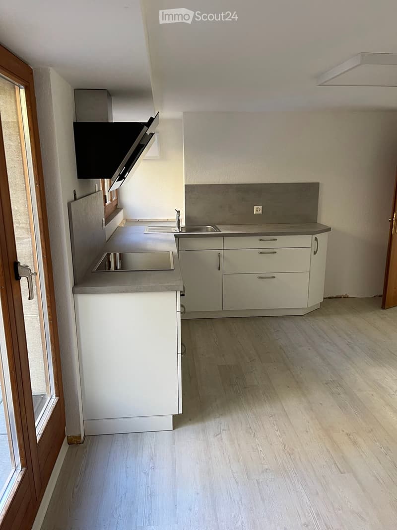 Empty kitchen with white cabinets, grey countertops, and wooden flooring. No appliances or furniture are present.