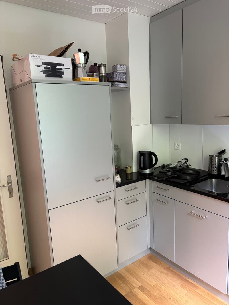 Modern kitchen with light grey cabinets, black countertops, and stainless steel appliances. Includes a kettle, coffee maker, and various kitchen items on the counter.