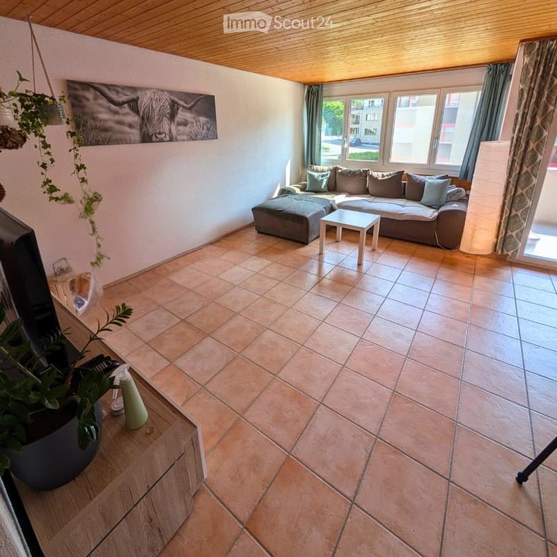 Living room with tiled floor, large window, grey sofa with cushions, ottoman, small white coffee table, floor lamp, and potted plants.