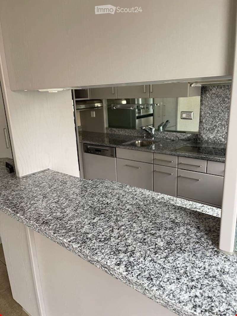 Modern kitchen with granite countertops, stainless steel appliances, and grey cabinets.