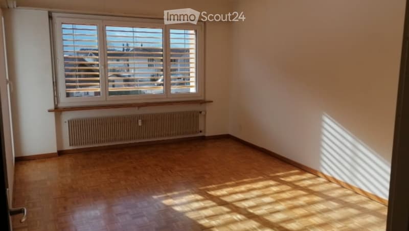 Empty room with wooden flooring, large window with blinds, radiator below the window, and natural light streaming in.