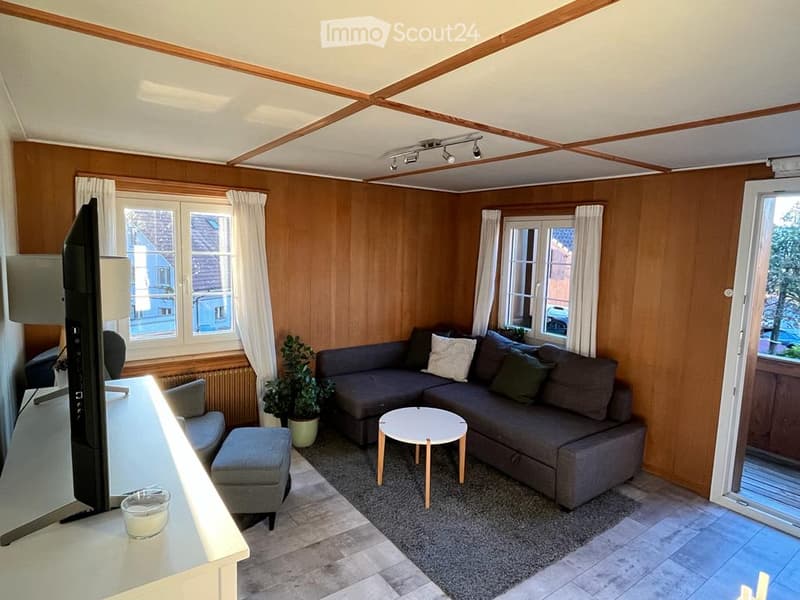 Cozy living room with wooden panel walls, grey sectional sofa, white coffee table, ottoman, table lamp, television, potted plant, and candle on side table.