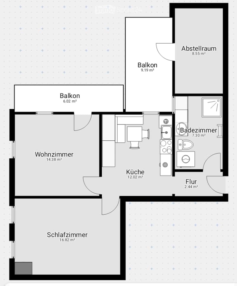 Floor plan showing a living room, kitchen, bedroom, bathroom, hallway, and two balconies.