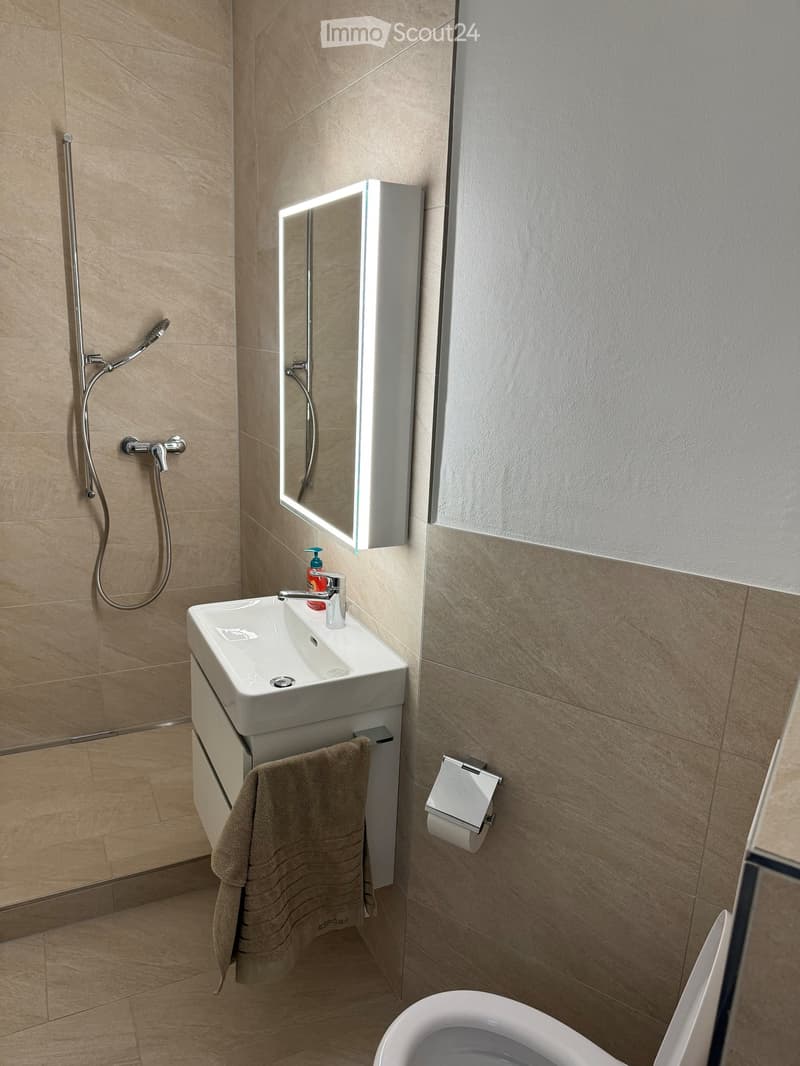 Modern bathroom with a white sink, mirror with built-in lighting, towel, toilet, and a shower hose on the wall.