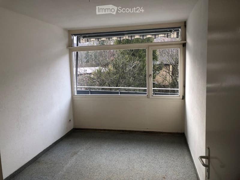 Empty room with white walls, carpeted floor, and large window with a view of trees and a building outside.