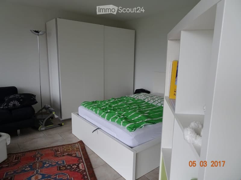 Modern bedroom with a white bed, green and white striped duvet, a black sofa, a white wardrobe, a shelf with books, and a patterned rug on the floor.