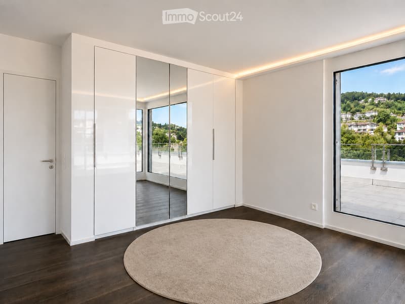 Modern, minimalistic room with a large mirrored wardrobe, a round rug, and expansive windows offering a scenic view of a green landscape.