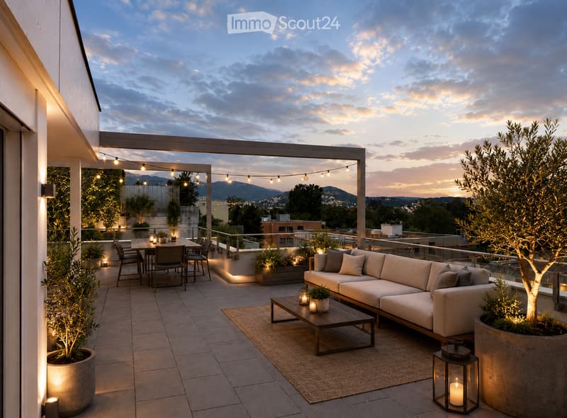 A modern rooftop terrace with a sectional sofa, coffee table, dining area, potted plants, and string lights against a cityscape backdrop at dusk.